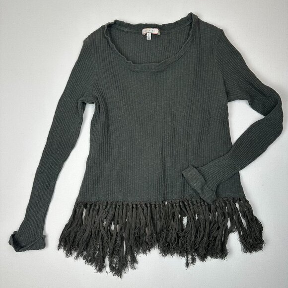 Eri +Ali Fringe Hem & Crossback LS Knit Boho Shirt - Picture 1 of 7